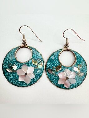 Alpaca Mexico Mosaic Earrings Abalone & Shell Inlay Flower Daisy Floral Beachy